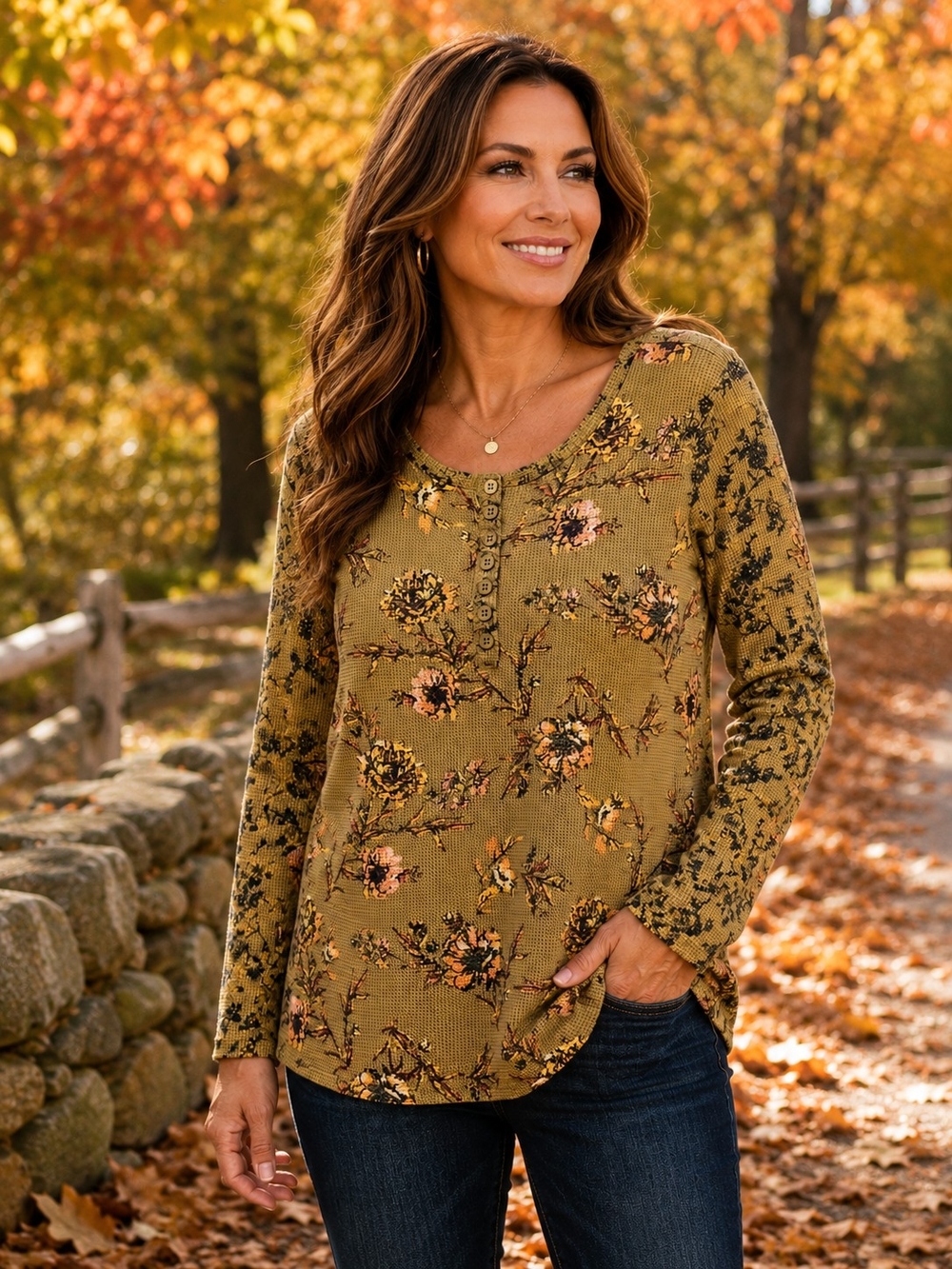 Belle by Kim Gravel Olive Green Floral Waffle Knit Henley Top Size M Boho Fall